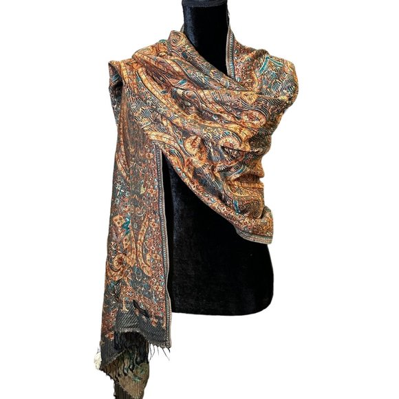 Unbranded Scarf Womens Rectangle Cashmere Orange Turquoise Boho Floral Fringe - Picture 1 of 11